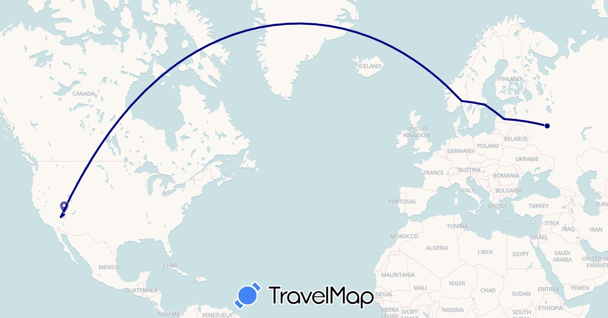 TravelMap itinerary: driving in Latvia, Norway, Russia, Sweden, United States (Europe, North America)